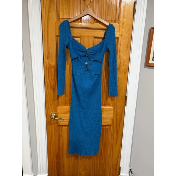 Self-Portrait Blue Lurex Sweetheart Cut-Out Knit Midi Dress XL Metallic